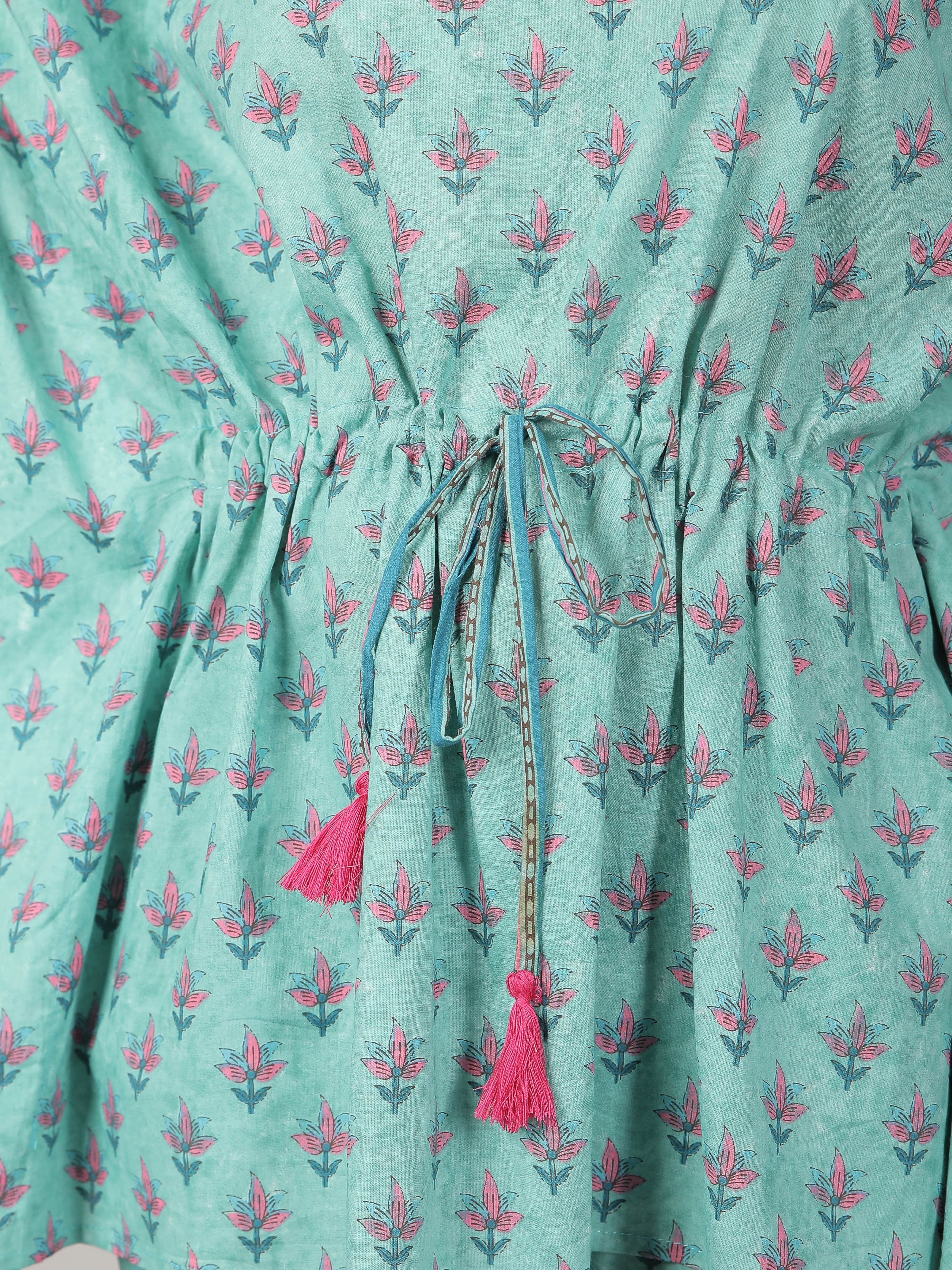 Pink Motifs on Teal Cotton Kaftan Top Pant Set