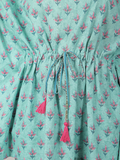 Pink Motifs on Teal Cotton Kaftan Top Pant Set