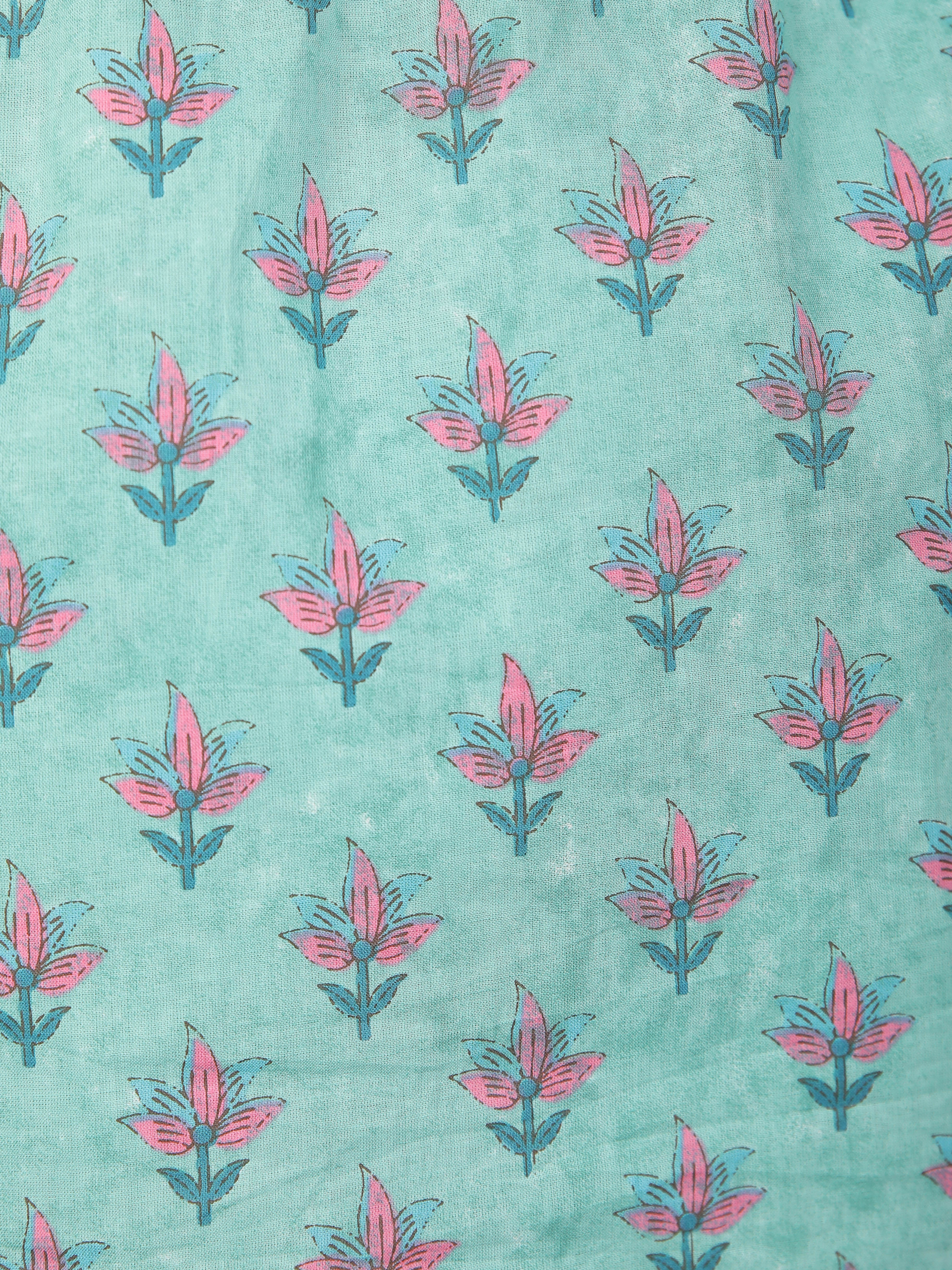 Pink Motifs on Teal Cotton Kaftan Top Pant Set