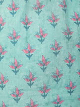 Pink Motifs on Teal Cotton Kaftan Top Pant Set
