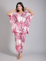 Tropical Pink Print on White Cotton Kaftan Top Pant Set