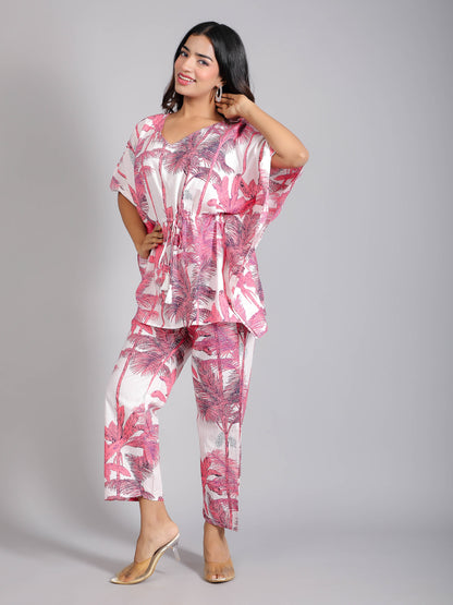 Tropical Pink Print on White Cotton Kaftan Top Pant Set
