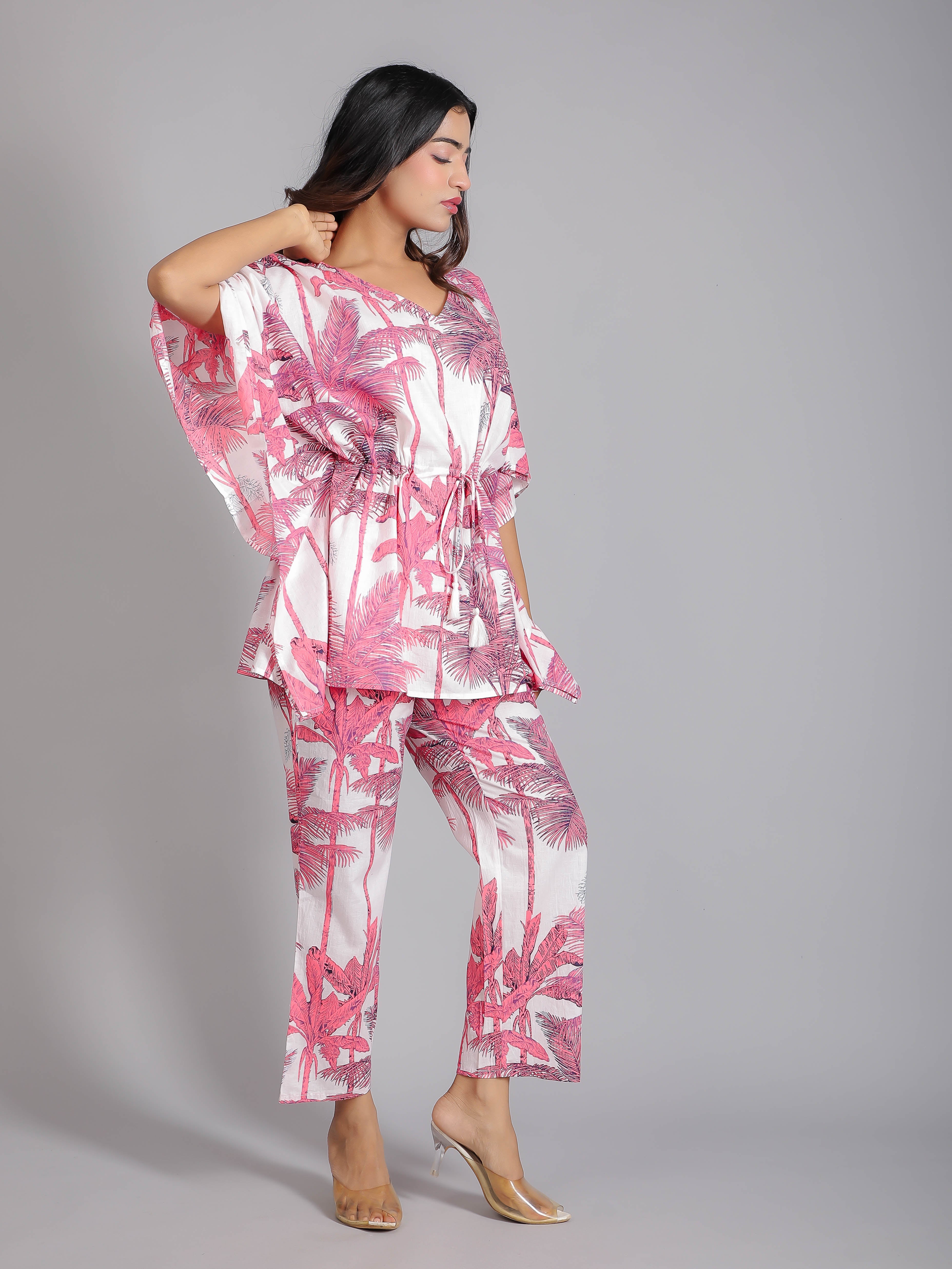 Tropical Pink Print on White Cotton Kaftan Top Pant Set