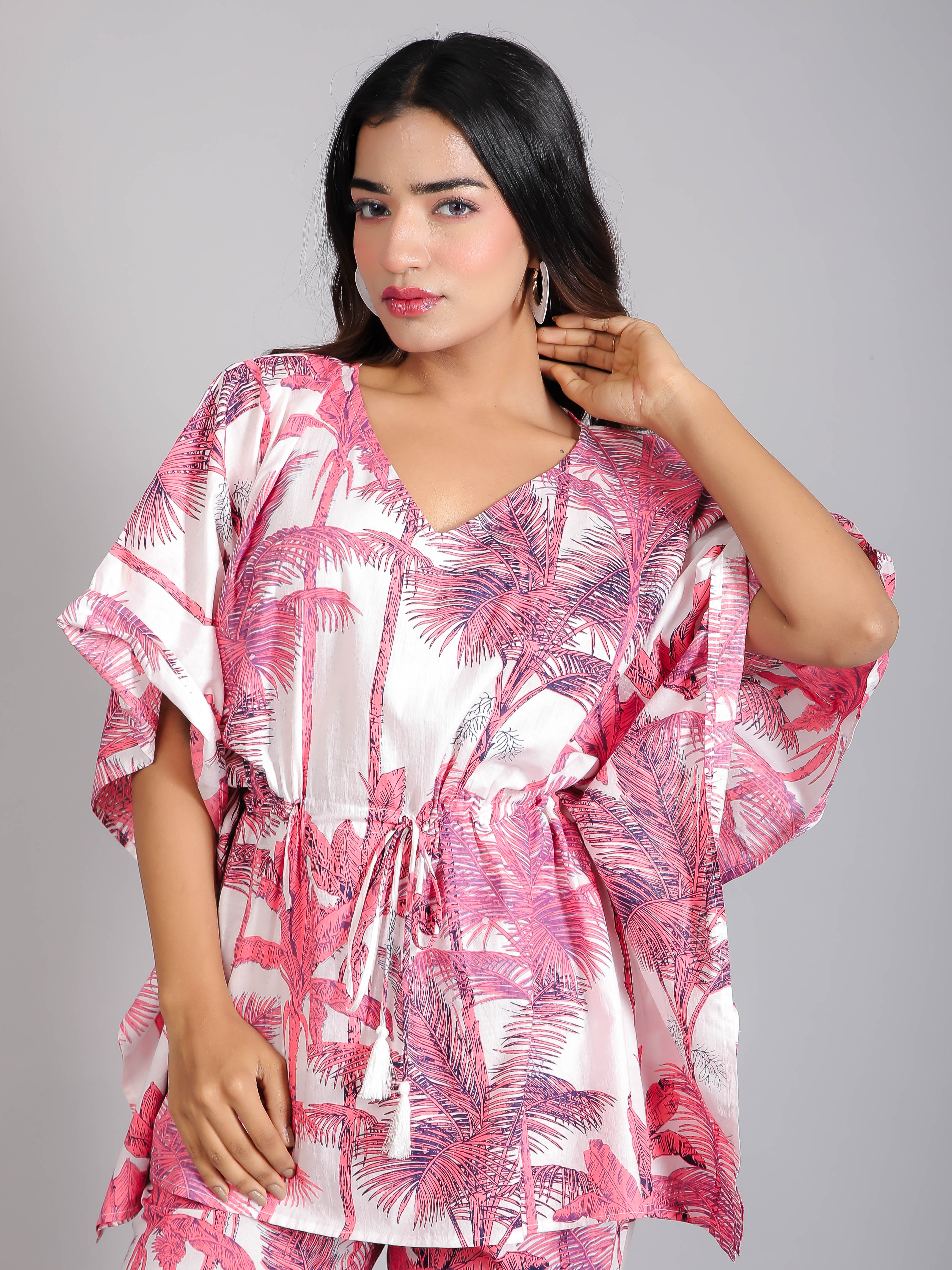 Tropical Pink Print on White Cotton Kaftan Top Pant Set