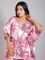 Tropical Pink Print on White Cotton Kaftan Top Pant Set