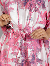 Tropical Pink Print on White Cotton Kaftan Top Pant Set