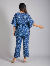 Blue Floral Motifs on Blue Cotton Kaftan Top Pant Set