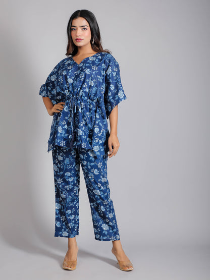 Blue Floral Motifs on Blue Cotton Kaftan Top Pant Set