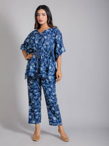 Blue Floral Motifs on Blue Cotton Kaftan Top Pant Set