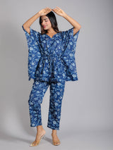 Blue Floral Motifs on Blue Cotton Kaftan Top Pant Set