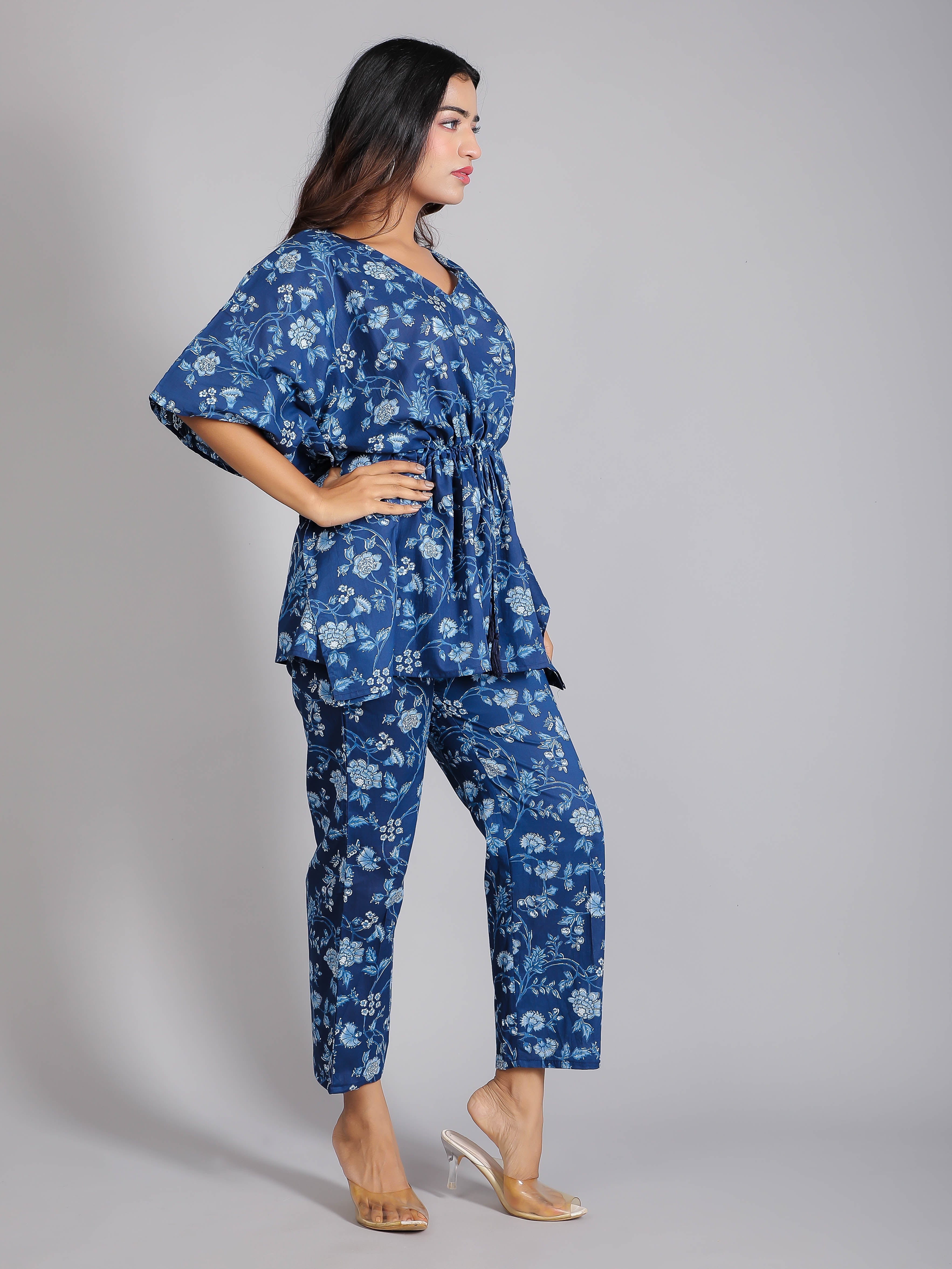 Blue Floral Motifs on Blue Cotton Kaftan Top Pant Set