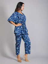 Blue Floral Motifs on Blue Cotton Kaftan Top Pant Set