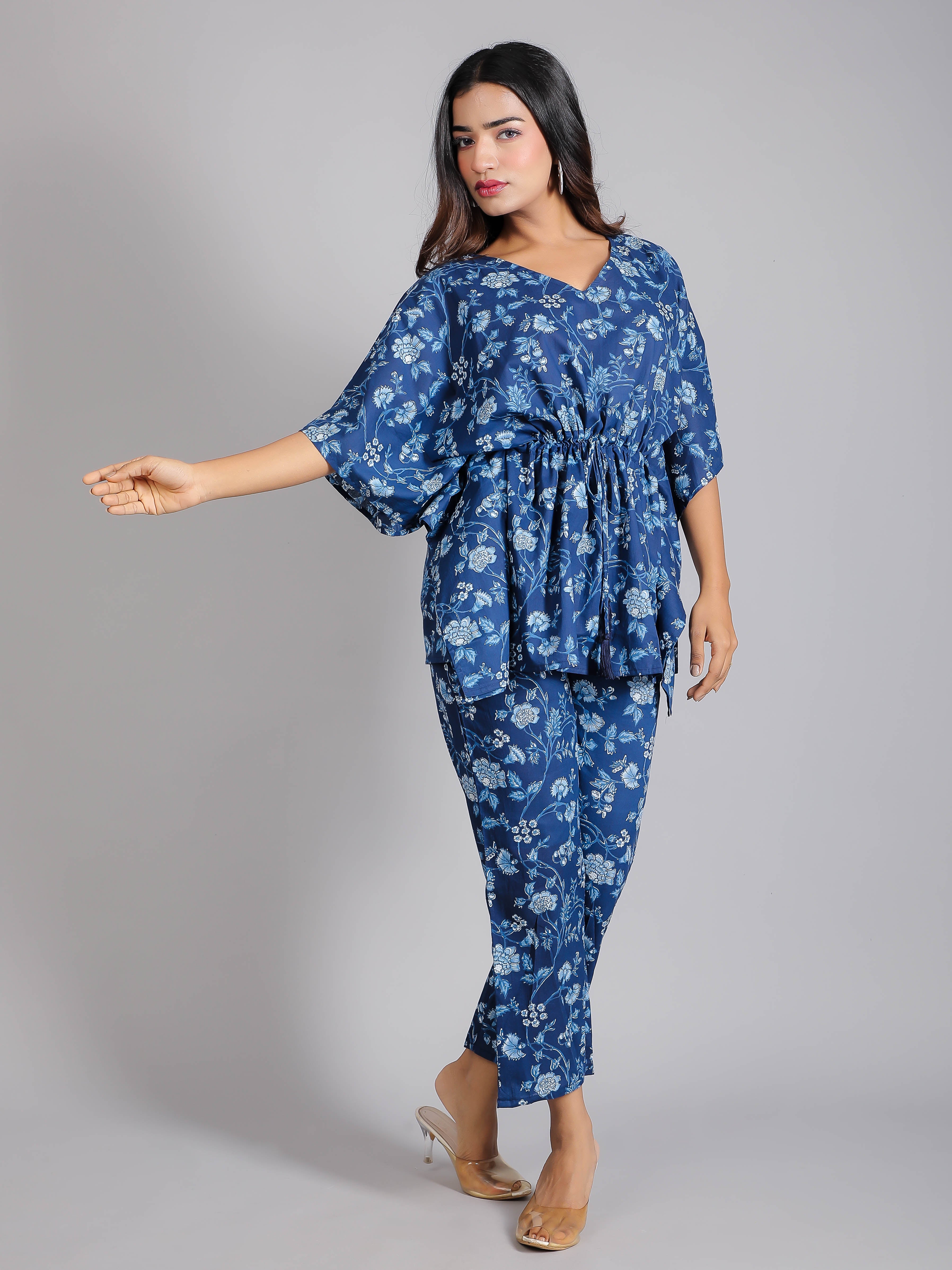 Blue Floral Motifs on Blue Cotton Kaftan Top Pant Set