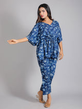 Blue Floral Motifs on Blue Cotton Kaftan Top Pant Set