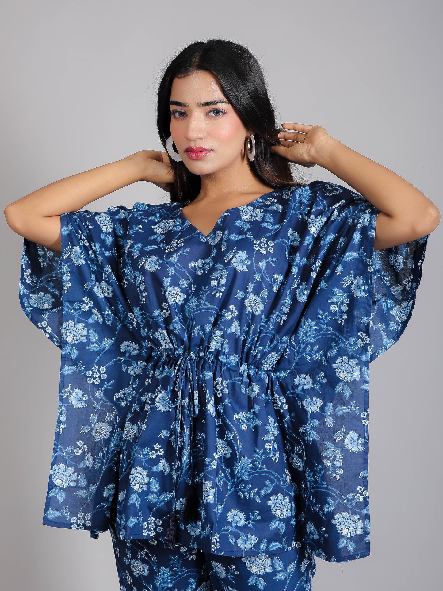 Blue Floral Motifs on Blue Cotton Kaftan Top Pant Set