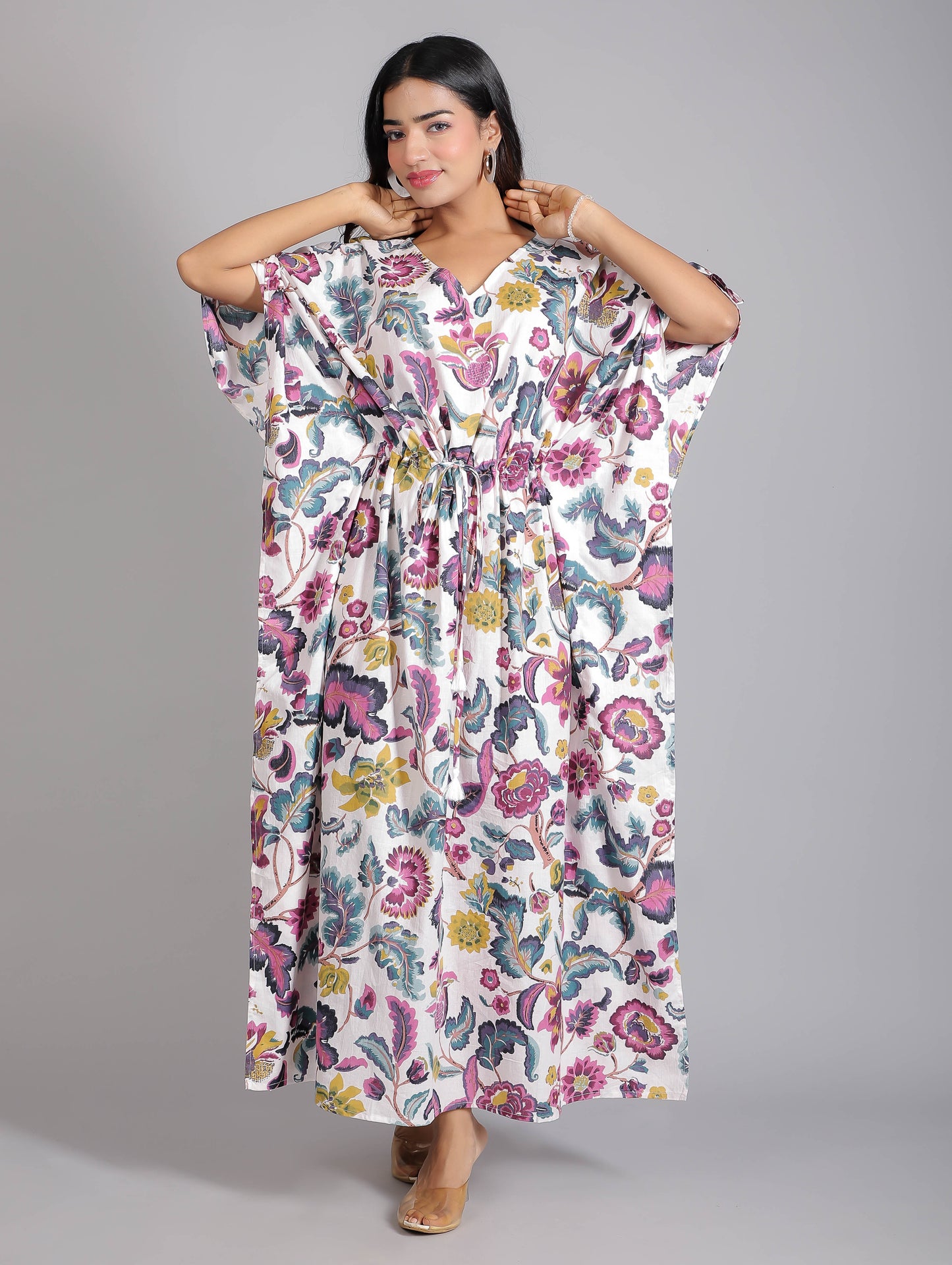 White & Purple Floral Print Cotton Kaftan Maxi Dress