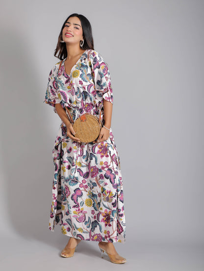 White & Purple Floral Print Cotton Kaftan Maxi Dress