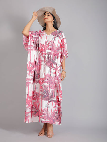 Tropical Print on Pink Cotton Kaftan Maxi Dress