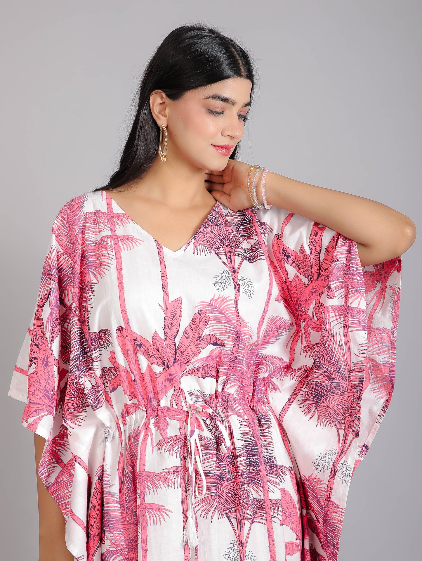Tropical Print on Pink Cotton Kaftan Maxi Dress