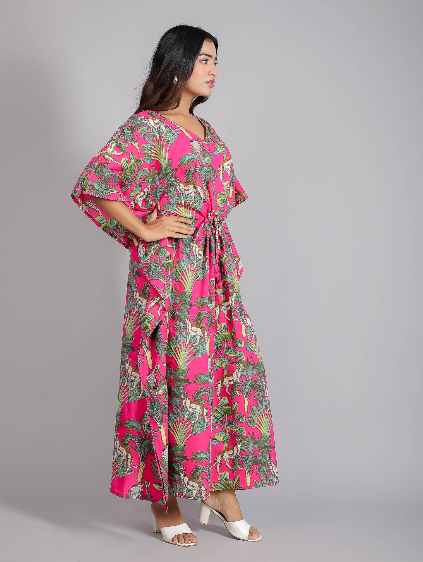 Tropical Green Print on Pink Cotton Kaftan Maxi Dress