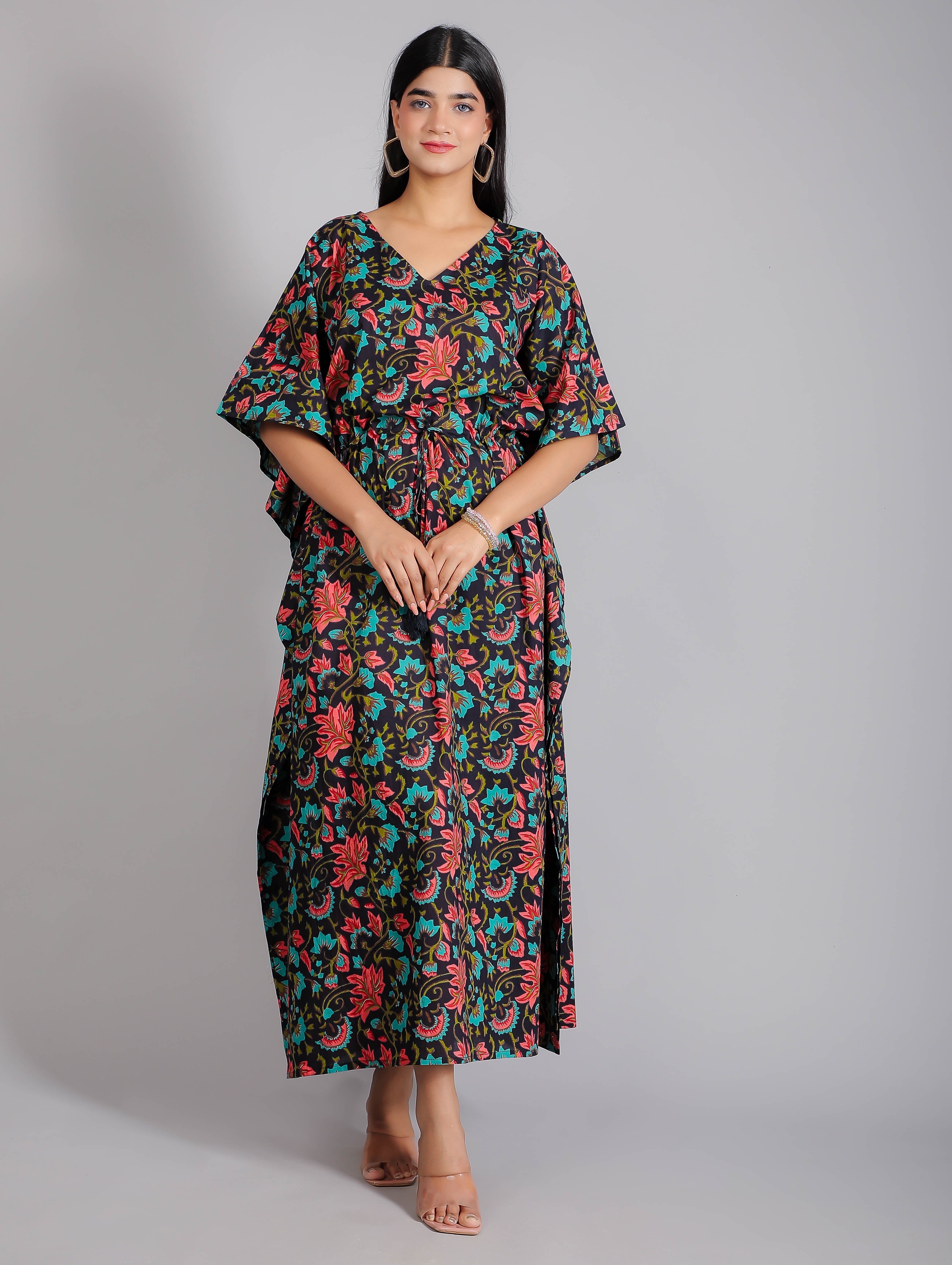 Black & Red Floral Print Cotton Kaftan Maxi Dress
