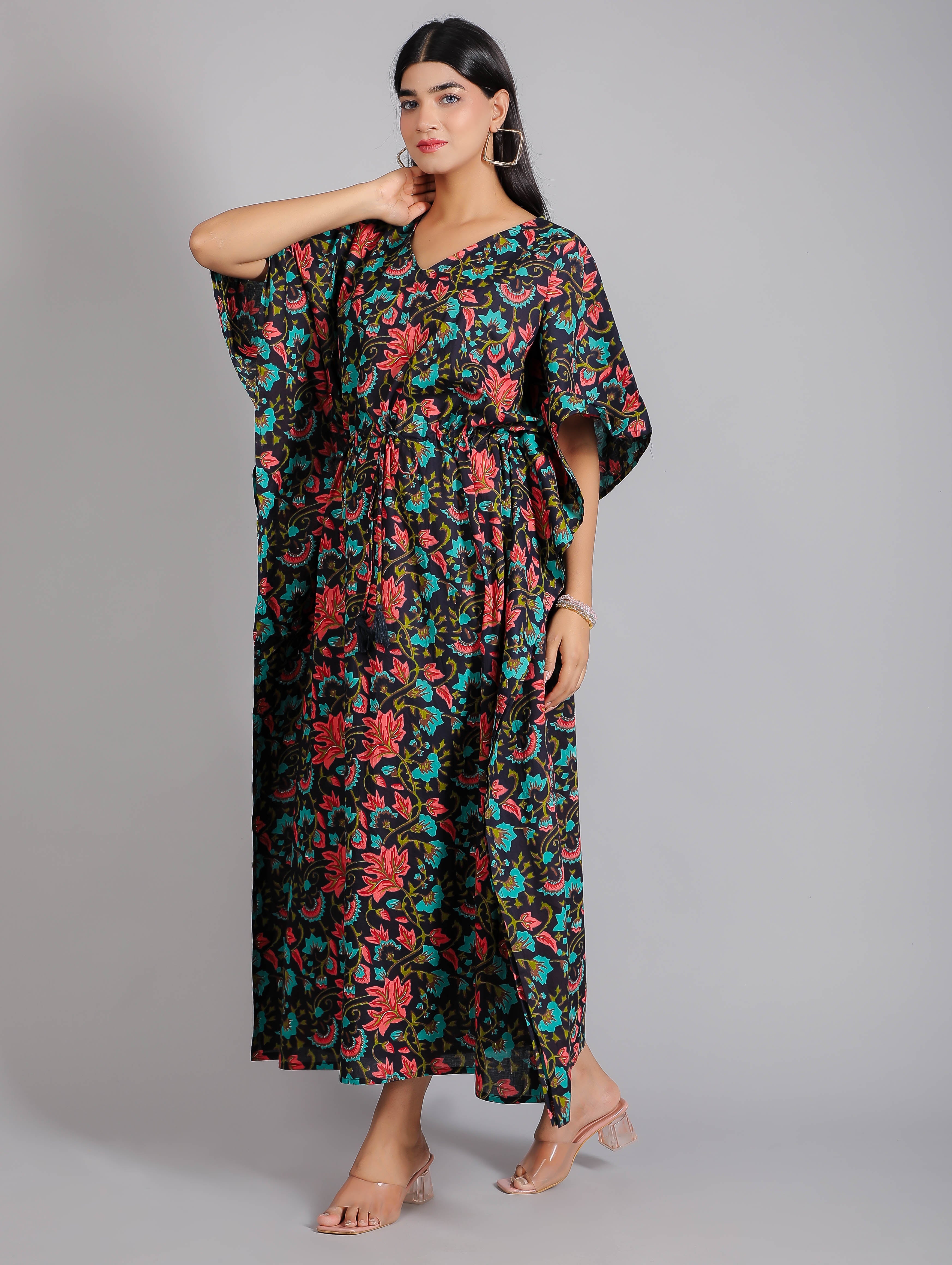 Black & Red Floral Print Cotton Kaftan Maxi Dress