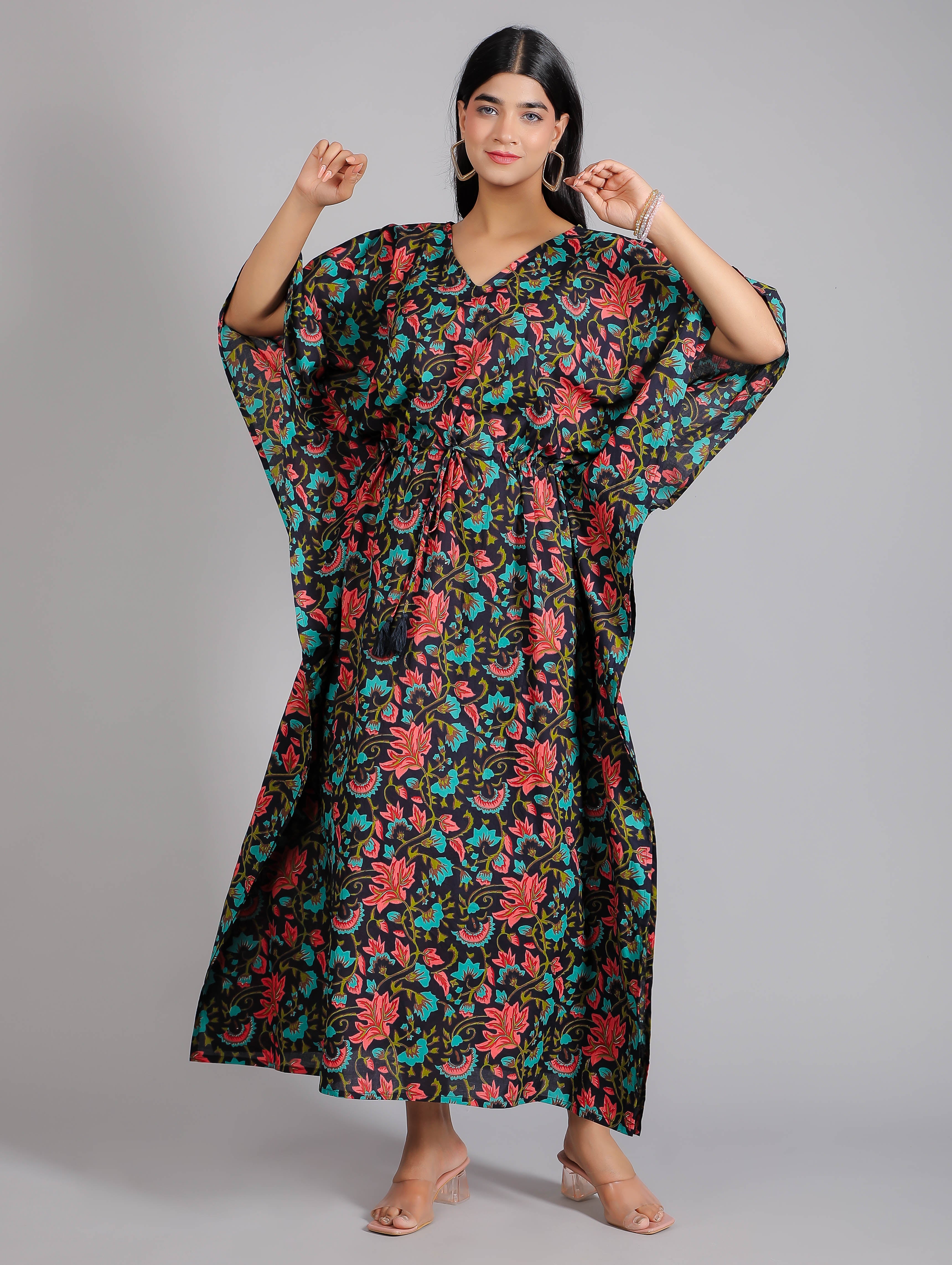 Black & Red Floral Print Cotton Kaftan Maxi Dress