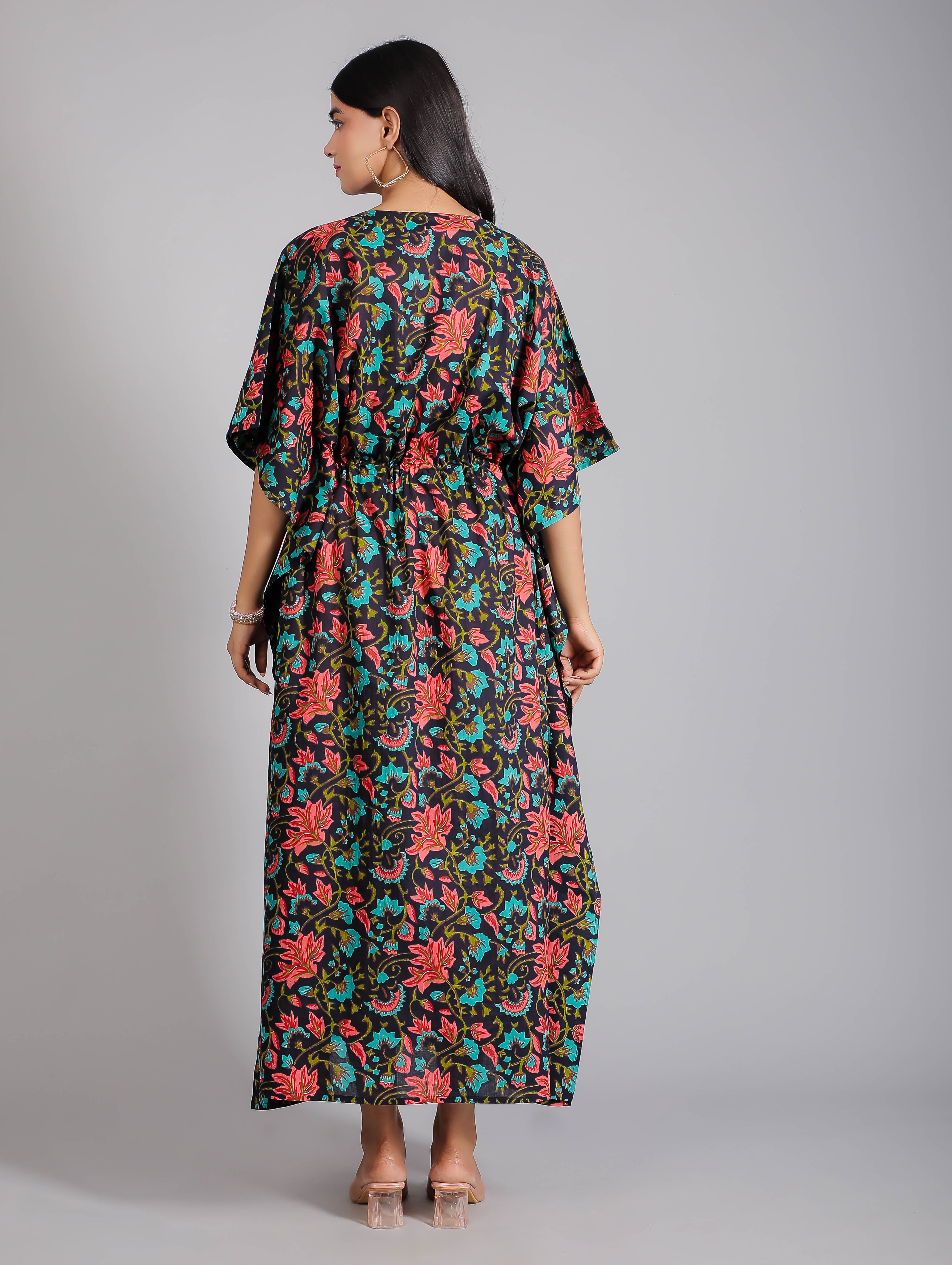 Black & Red Floral Print Cotton Kaftan Maxi Dress