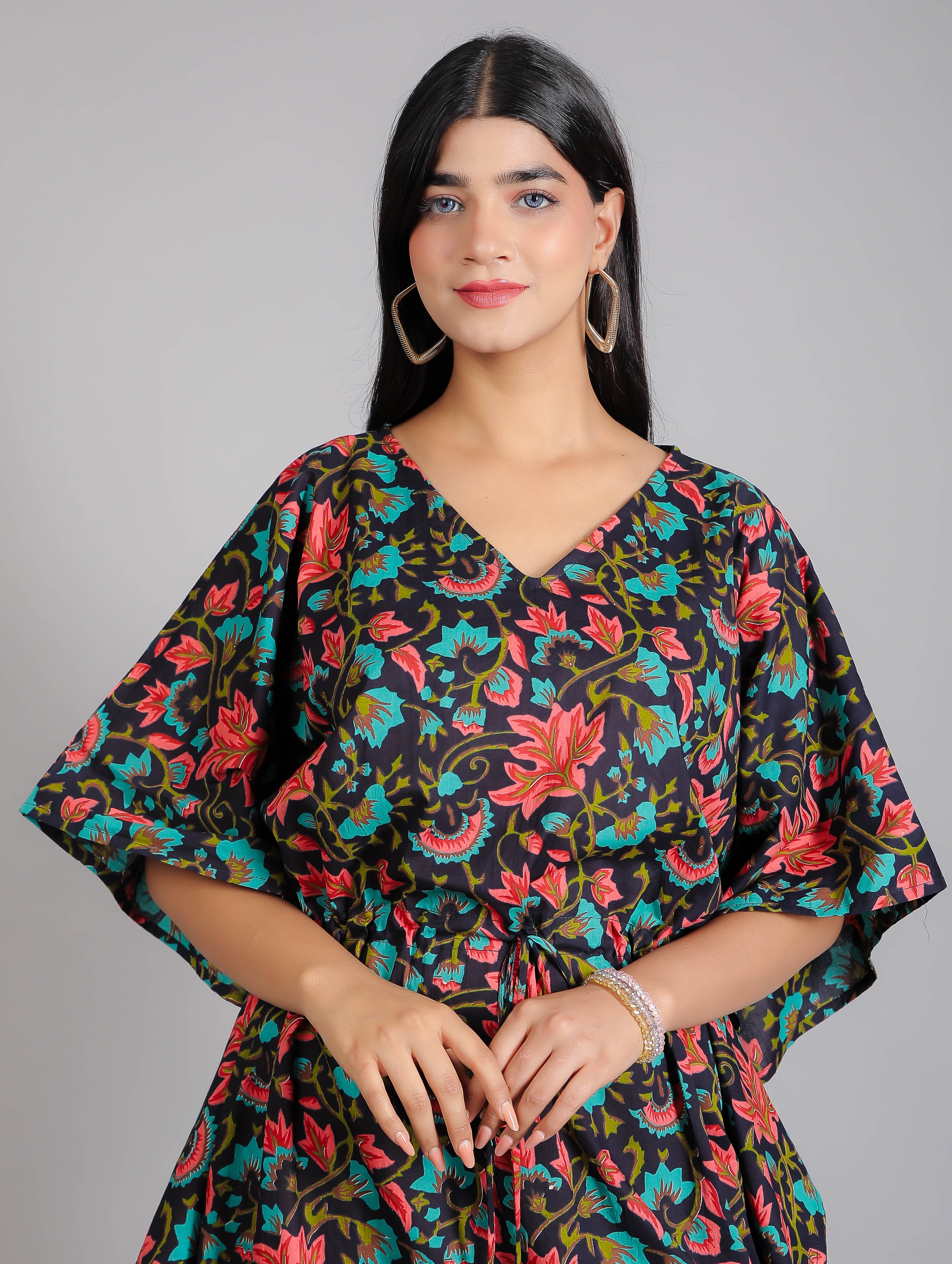 Black & Red Floral Print Cotton Kaftan Maxi Dress