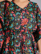 Black & Red Floral Print Cotton Kaftan Maxi Dress