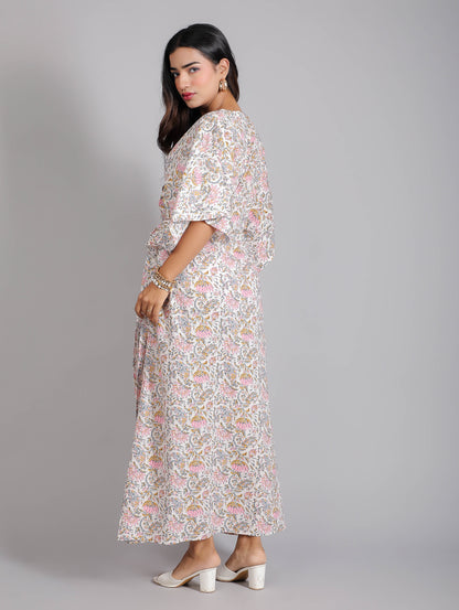 Floral Print  on White Cotton Kaftan Maxi Dress