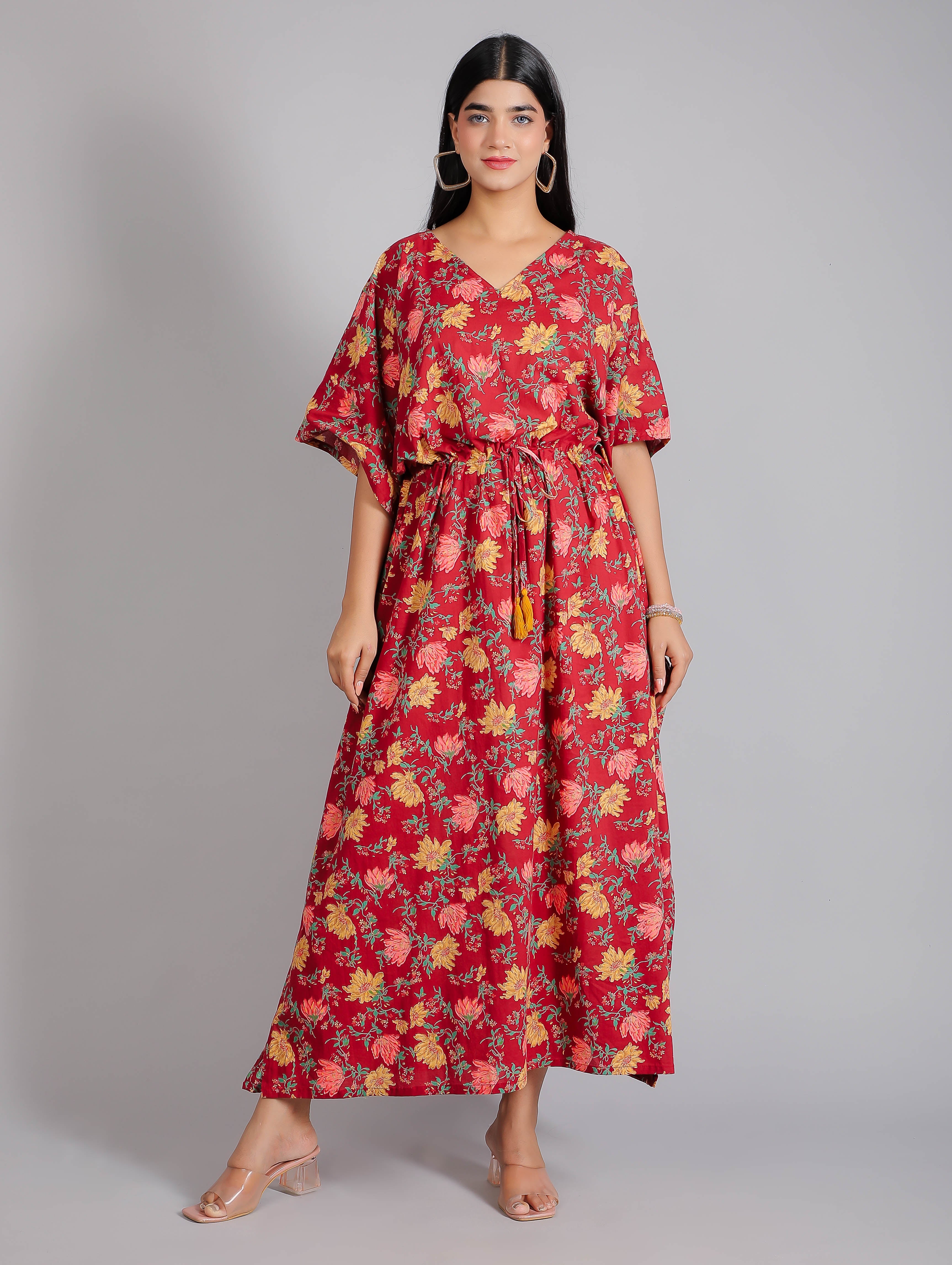 Floral Motifs on Maroon Cotton Kaftan Maxi Dress