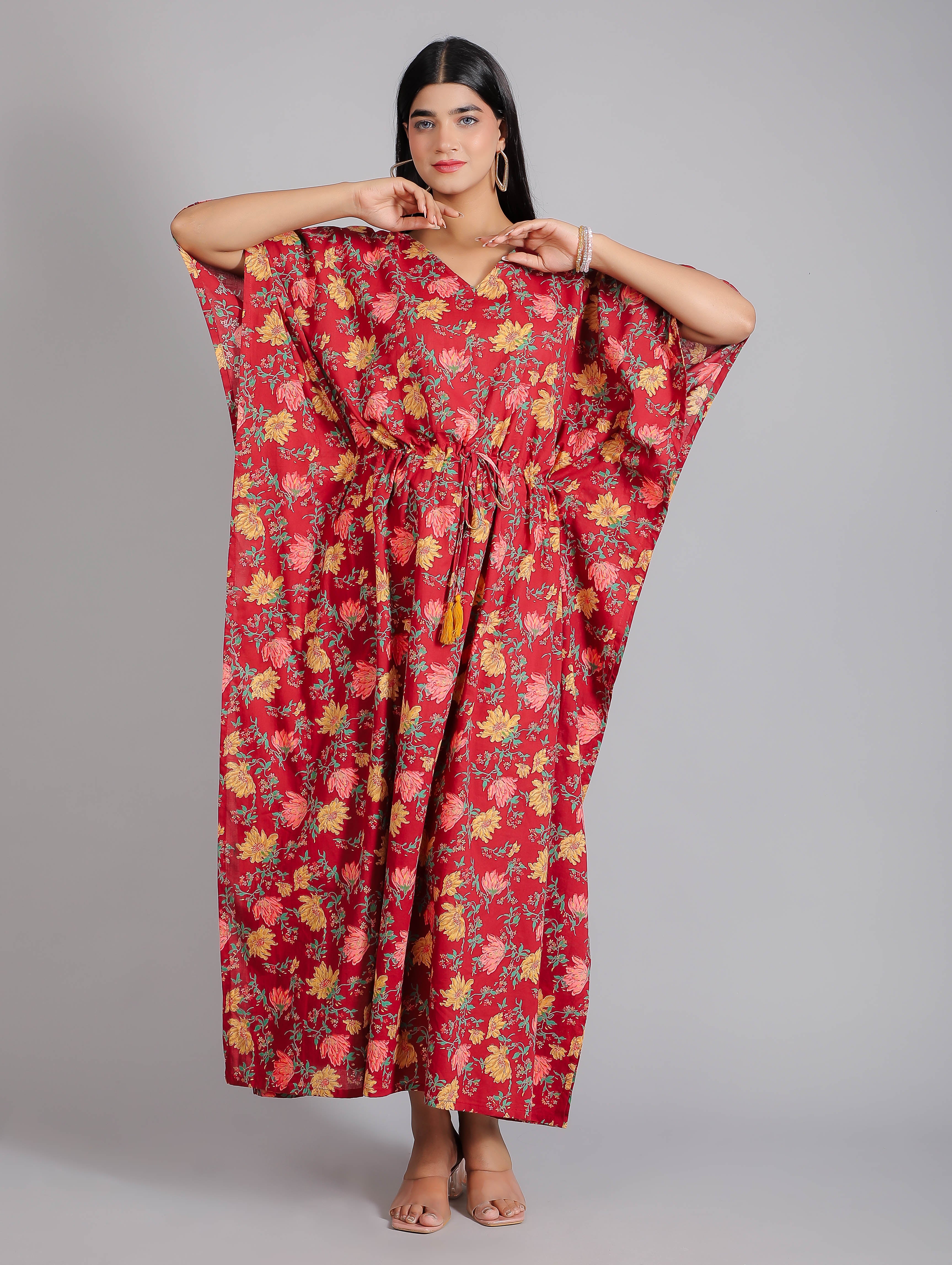 Floral Motifs on Maroon Cotton Kaftan Maxi Dress Houseofgulab