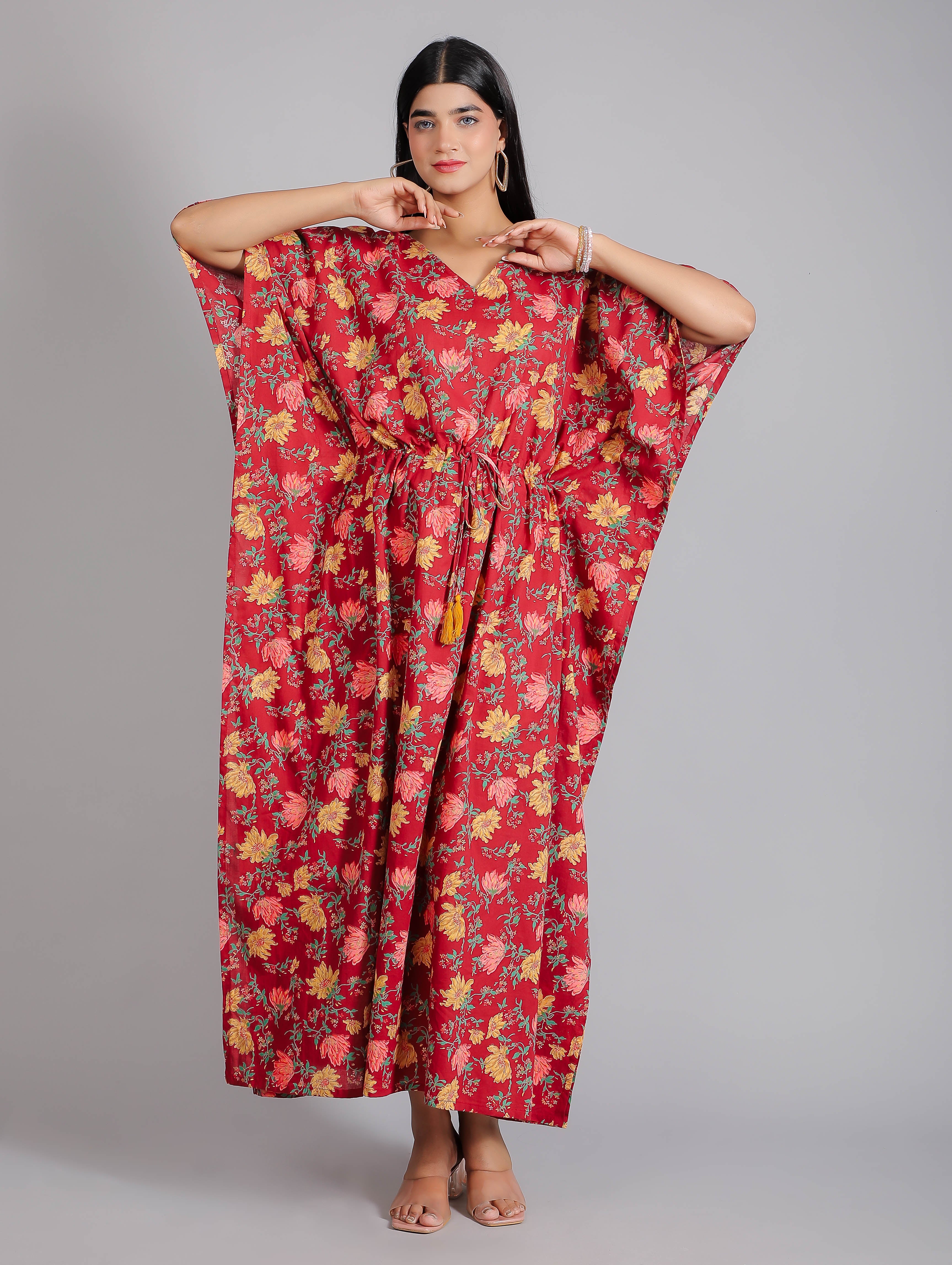 Floral Motifs on Maroon Cotton Kaftan Maxi Dress