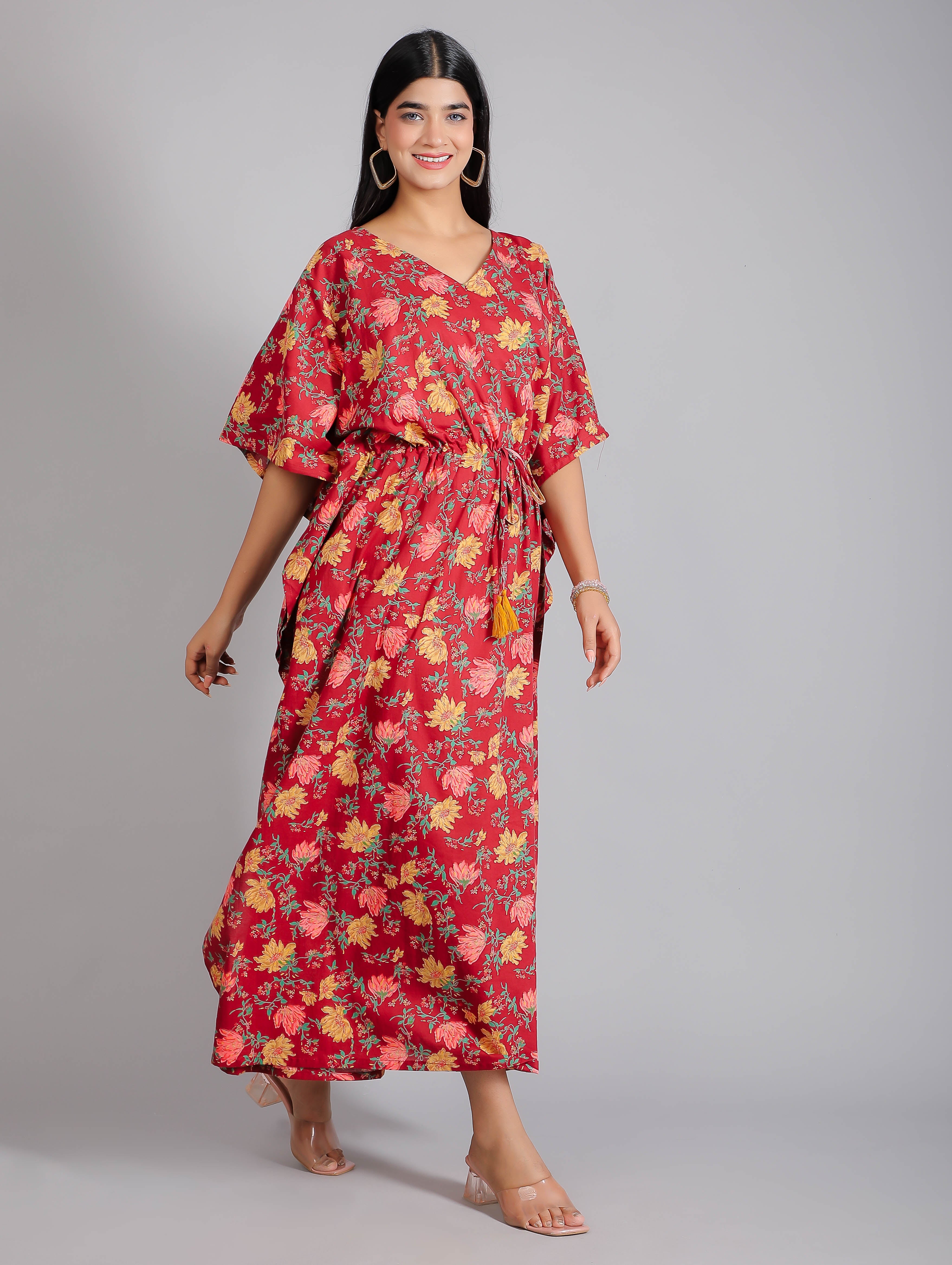 Floral Motifs on Maroon Cotton Kaftan Maxi Dress