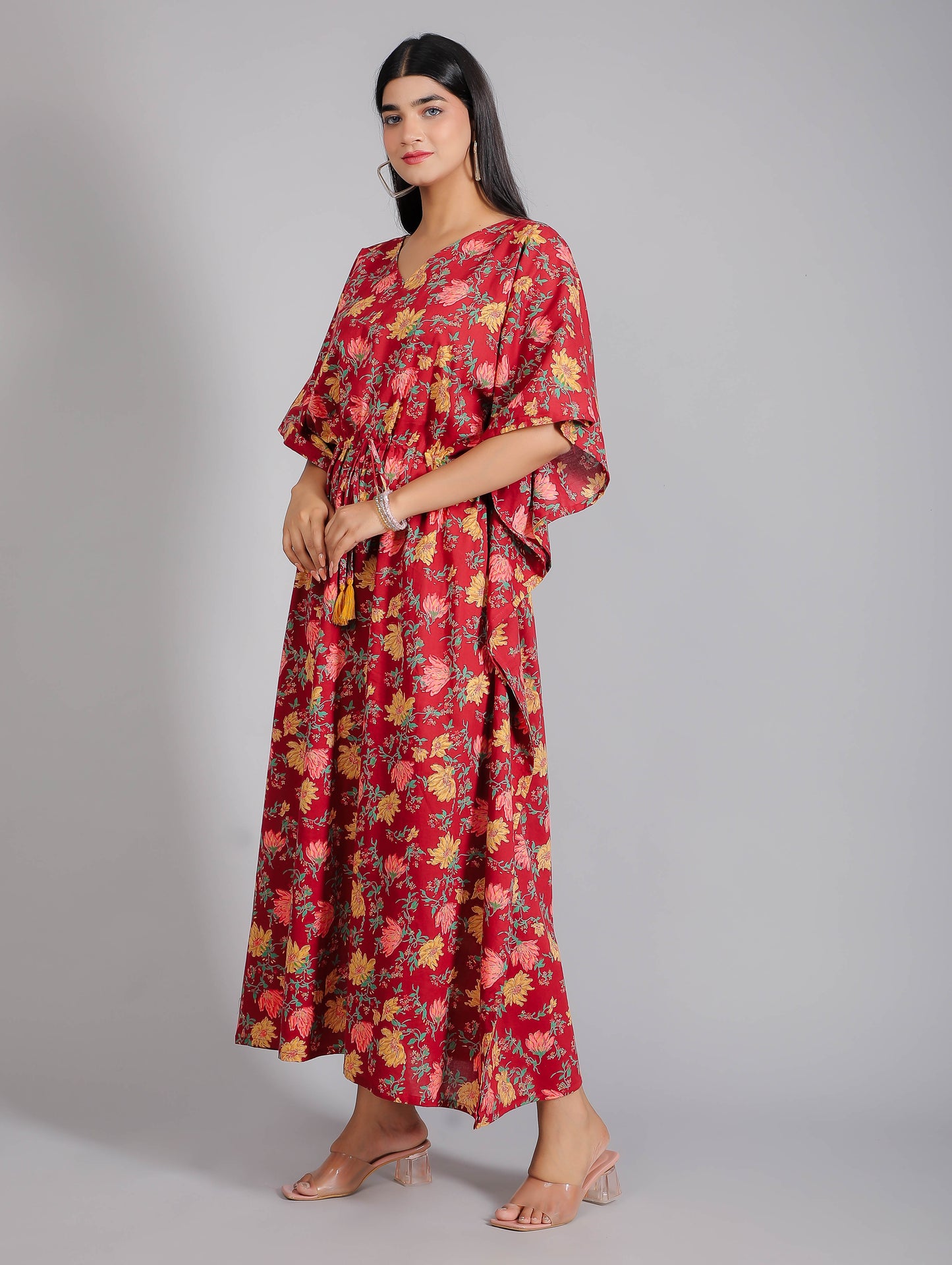 Floral Motifs on Maroon Cotton Kaftan Maxi Dress