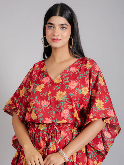 Floral Motifs on Maroon Cotton Kaftan Maxi Dress