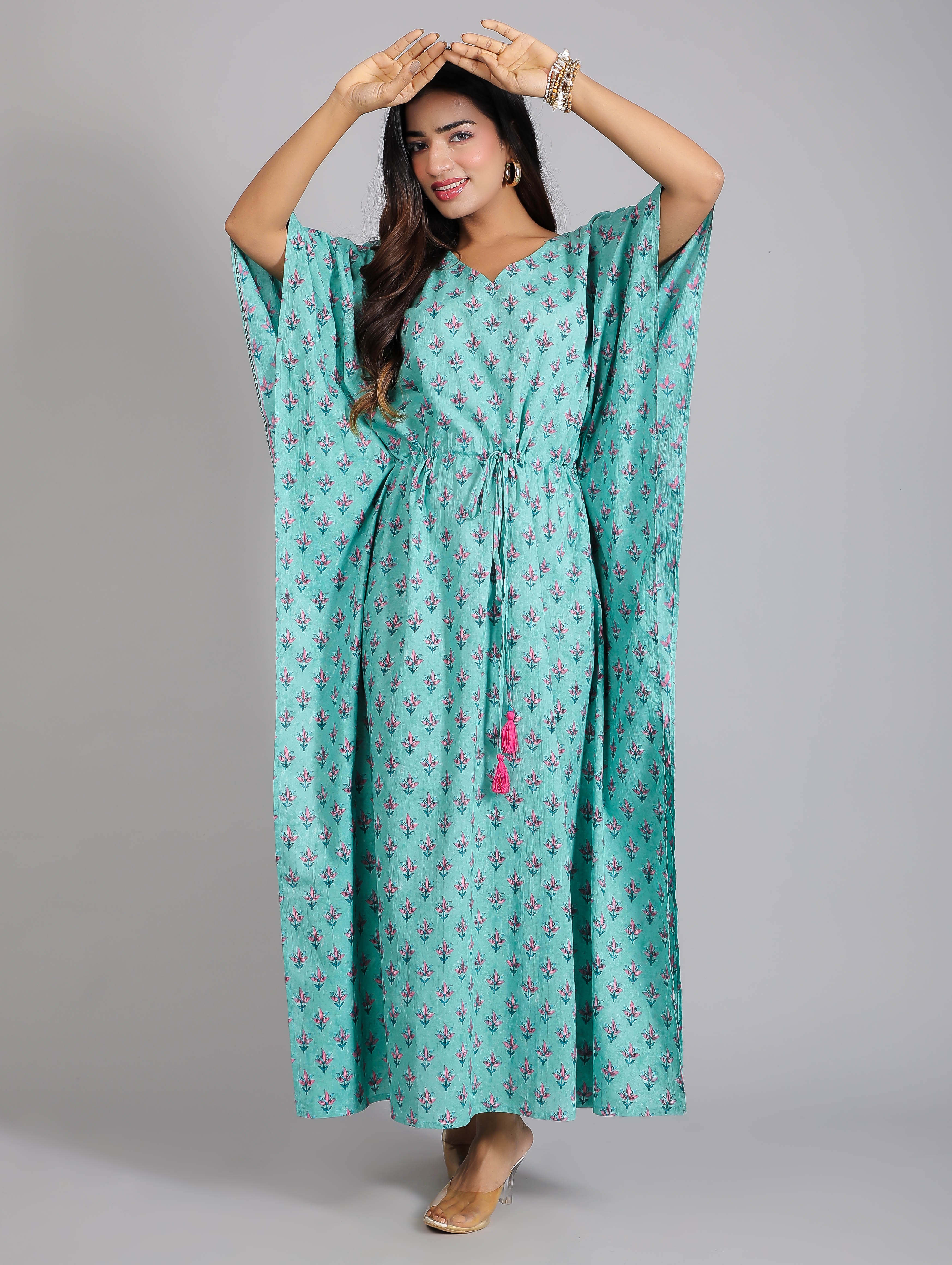 Pink Motifs on Teal Cotton Kaftan Maxi Dress