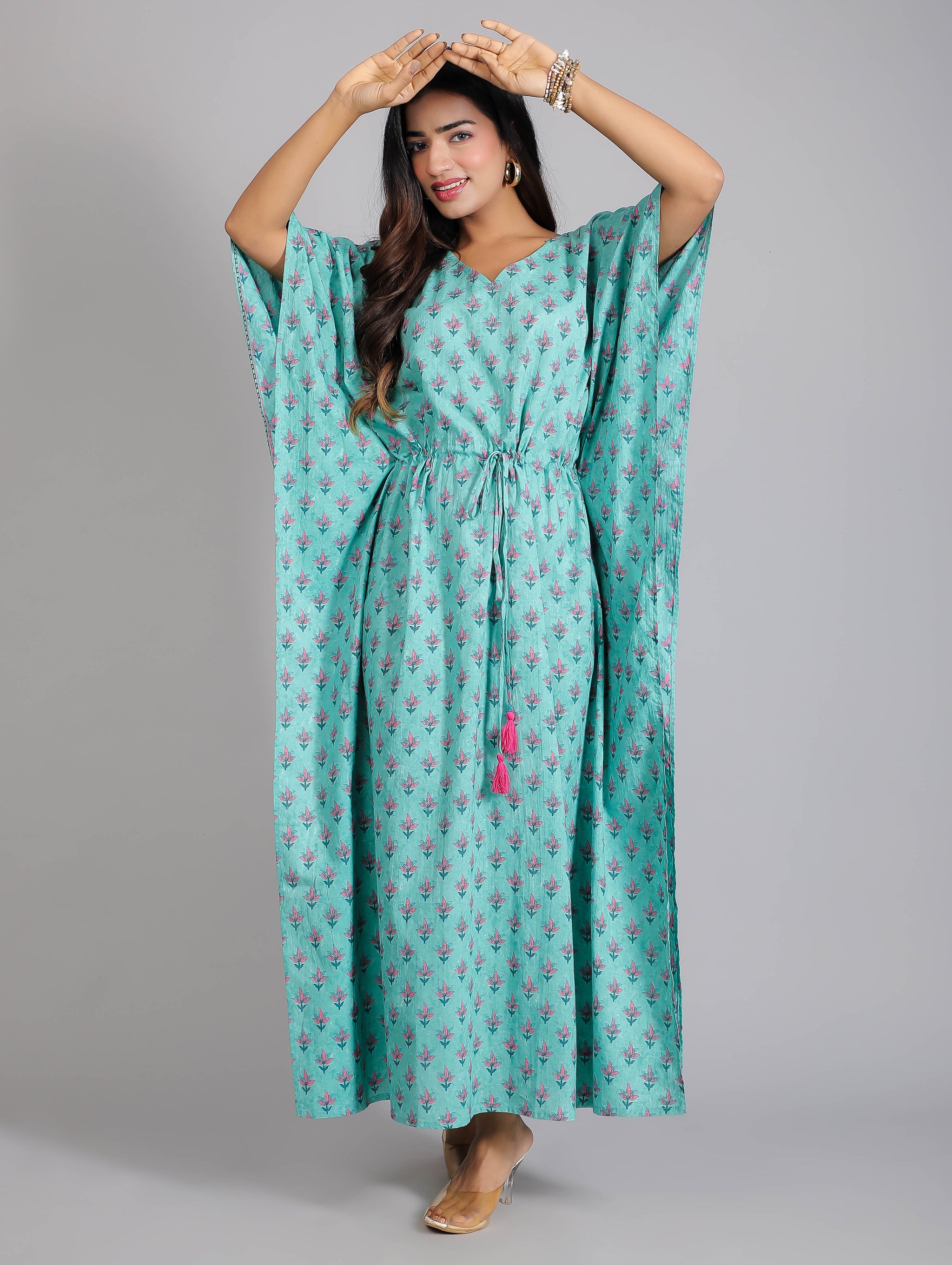 Pink Motifs on Teal Cotton Kaftan Maxi Dress Houseofgulab