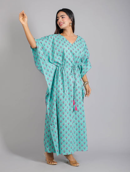 Pink Motifs on Teal Cotton Kaftan Maxi Dress