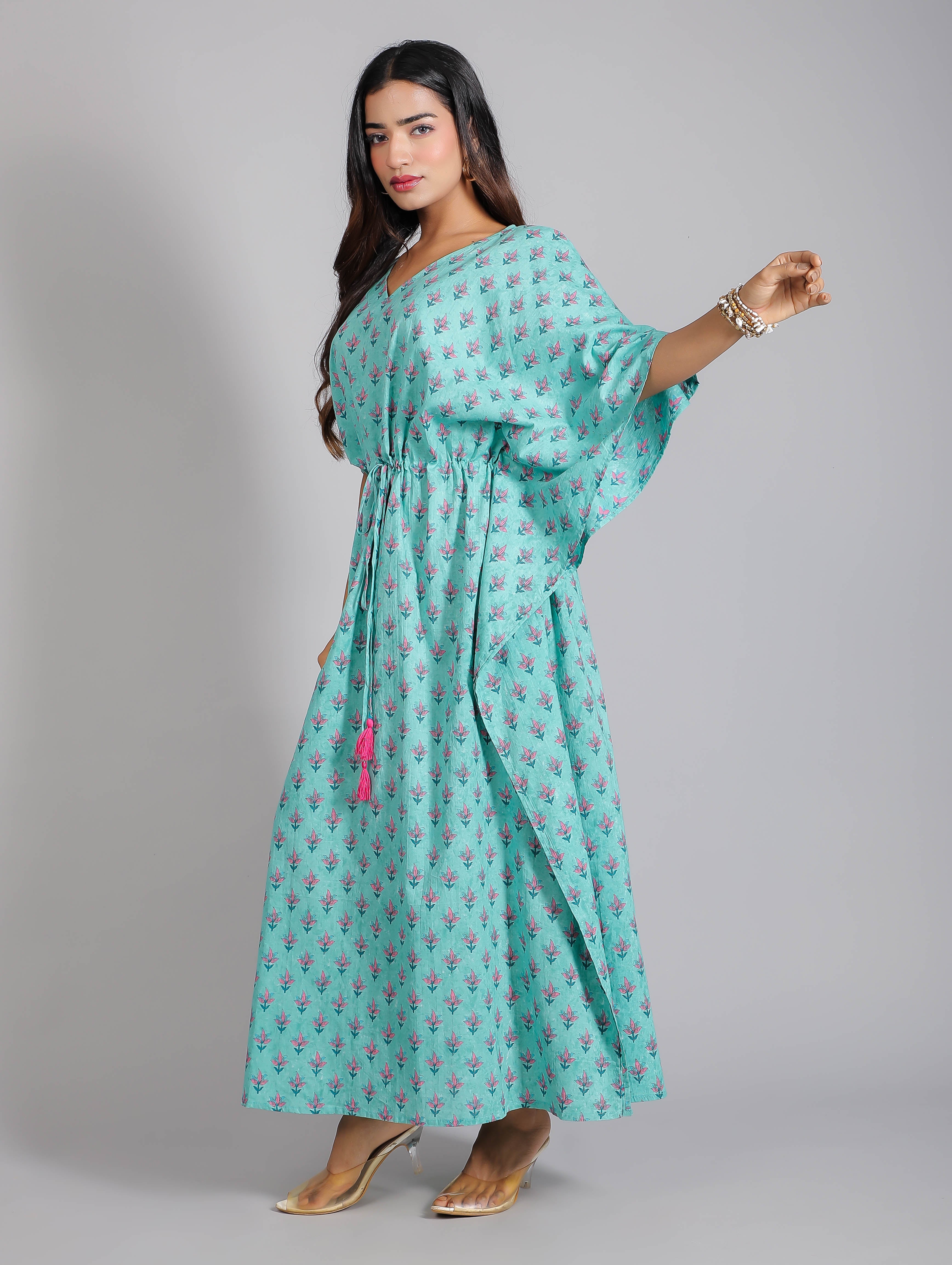 Pink Motifs on Teal Cotton Kaftan Maxi Dress