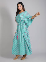 Pink Motifs on Teal Cotton Kaftan Maxi Dress