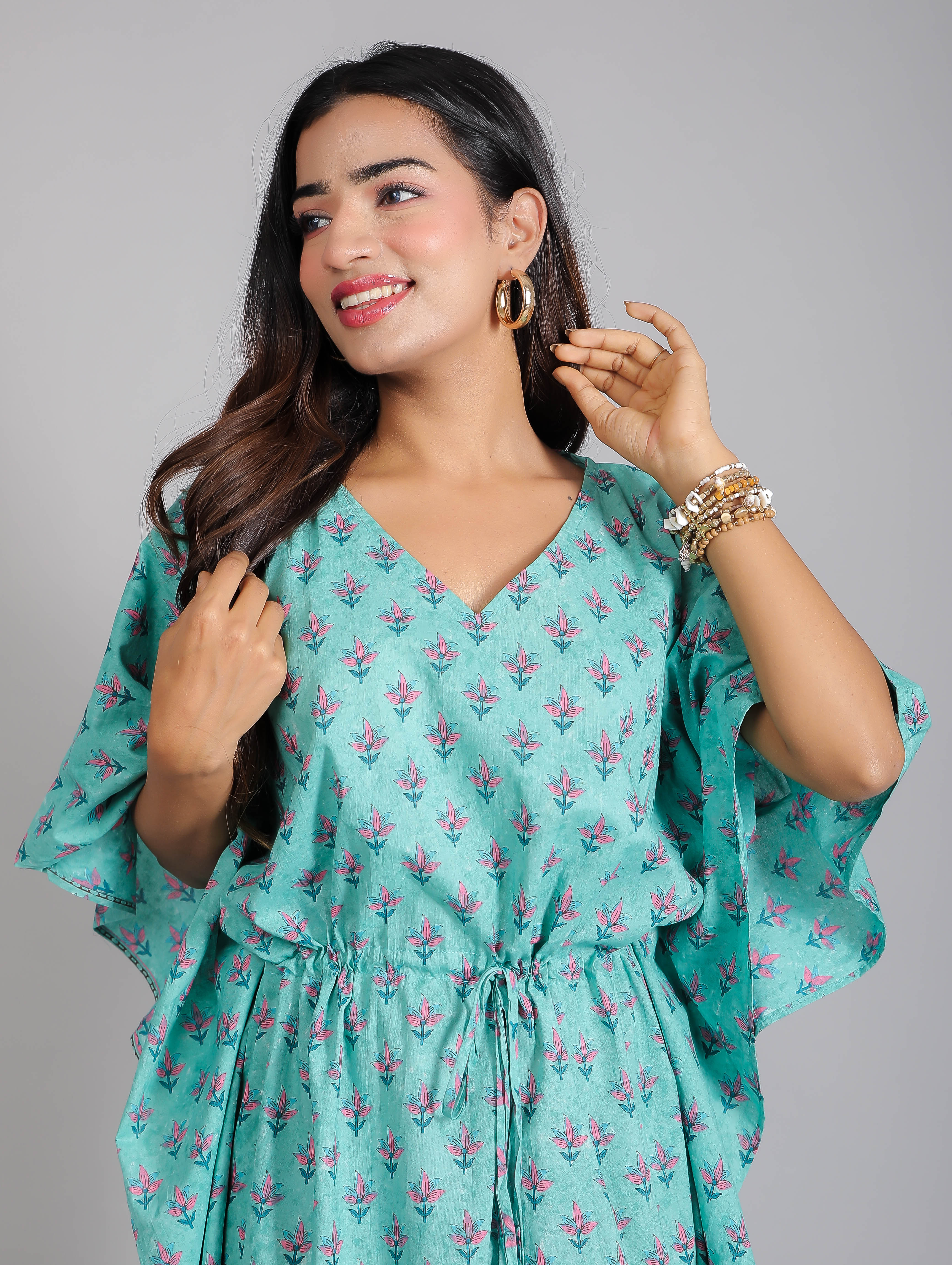 Pink Motifs on Teal Cotton Kaftan Maxi Dress