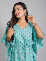 Pink Motifs on Teal Cotton Kaftan Maxi Dress