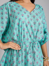 Pink Motifs on Teal Cotton Kaftan Maxi Dress