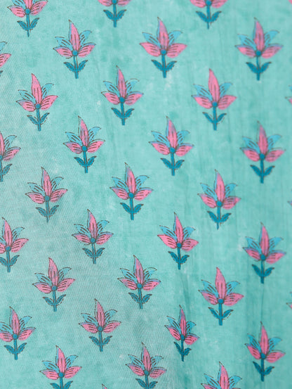 Pink Motifs on Teal Cotton Kaftan Maxi Dress