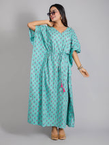 Pink Motifs on Teal Cotton Kaftan Maxi Dress