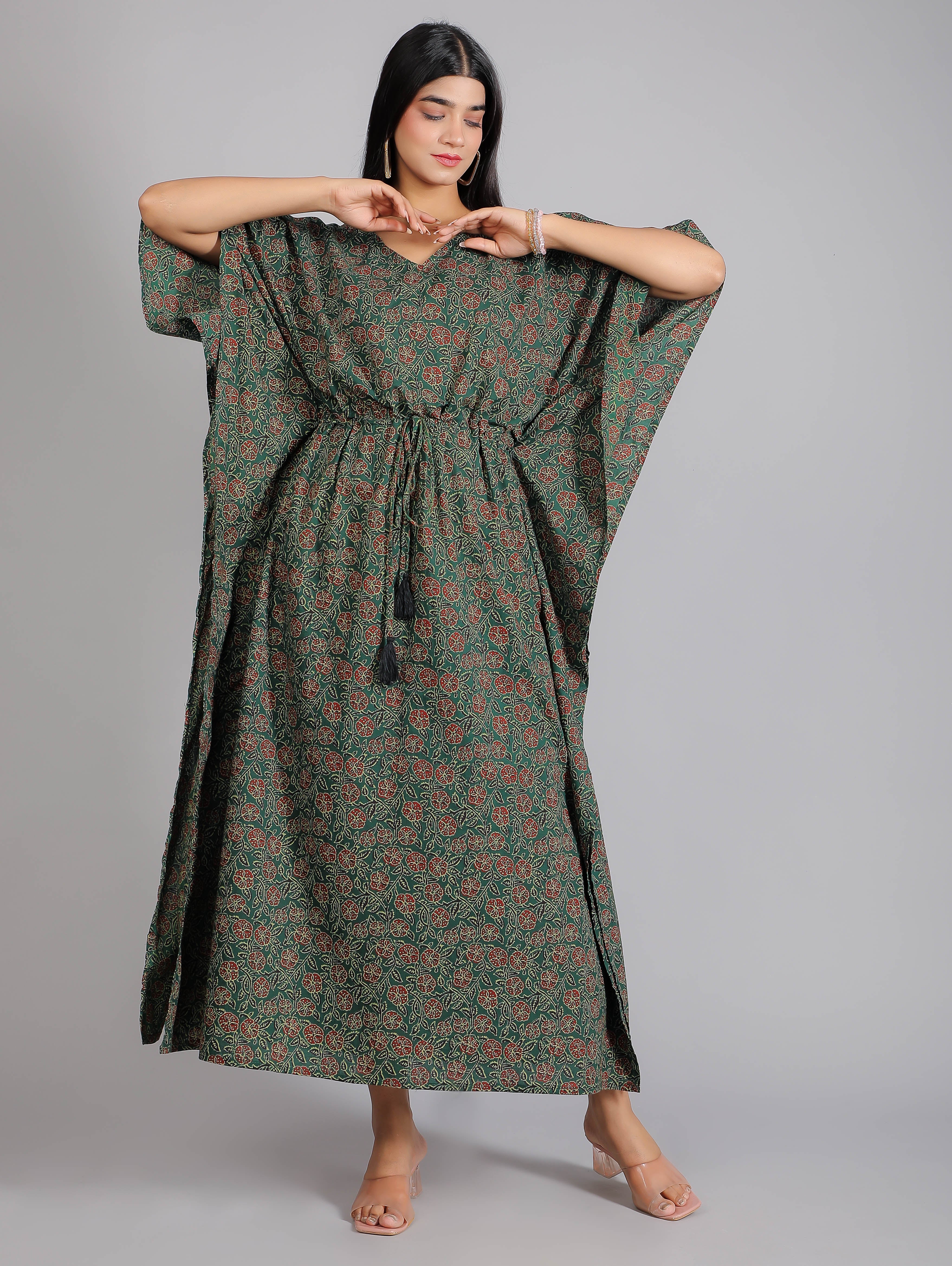 Green Abstract Print Cotton Kaftan Maxi Dress Houseofgulab