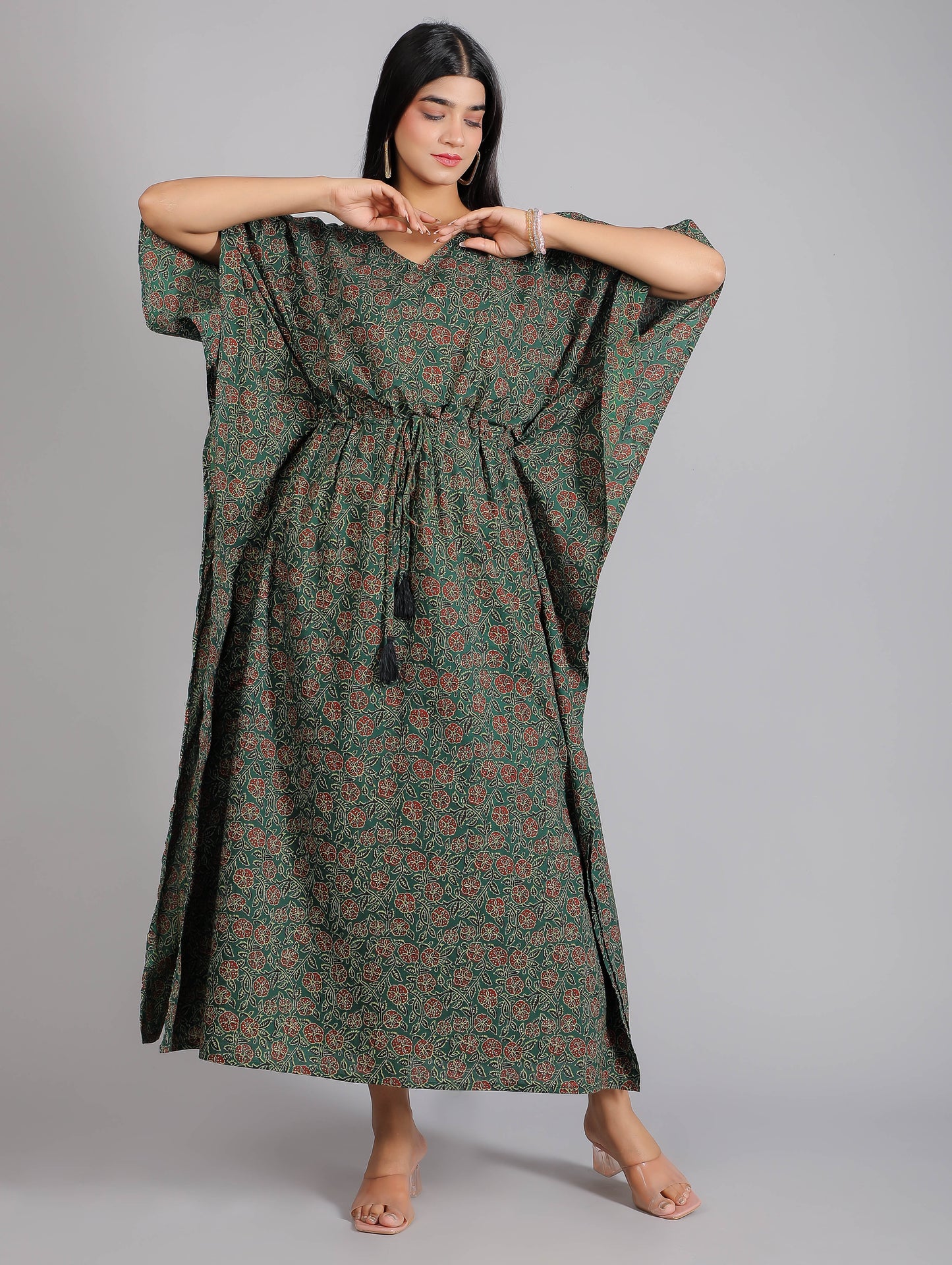 Green Abstract Print Cotton Kaftan Maxi Dress