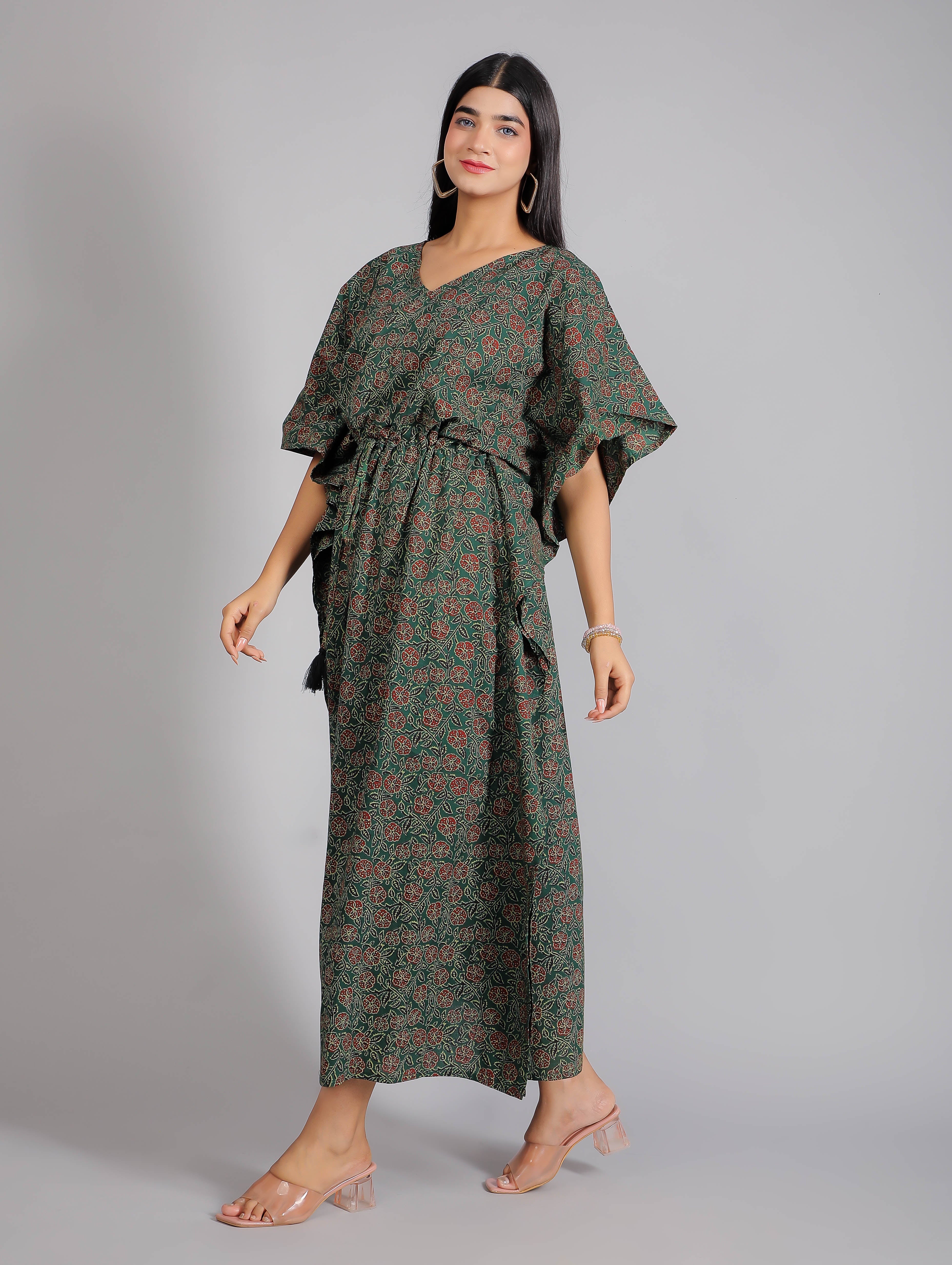 Green Abstract Print Cotton Kaftan Maxi Dress